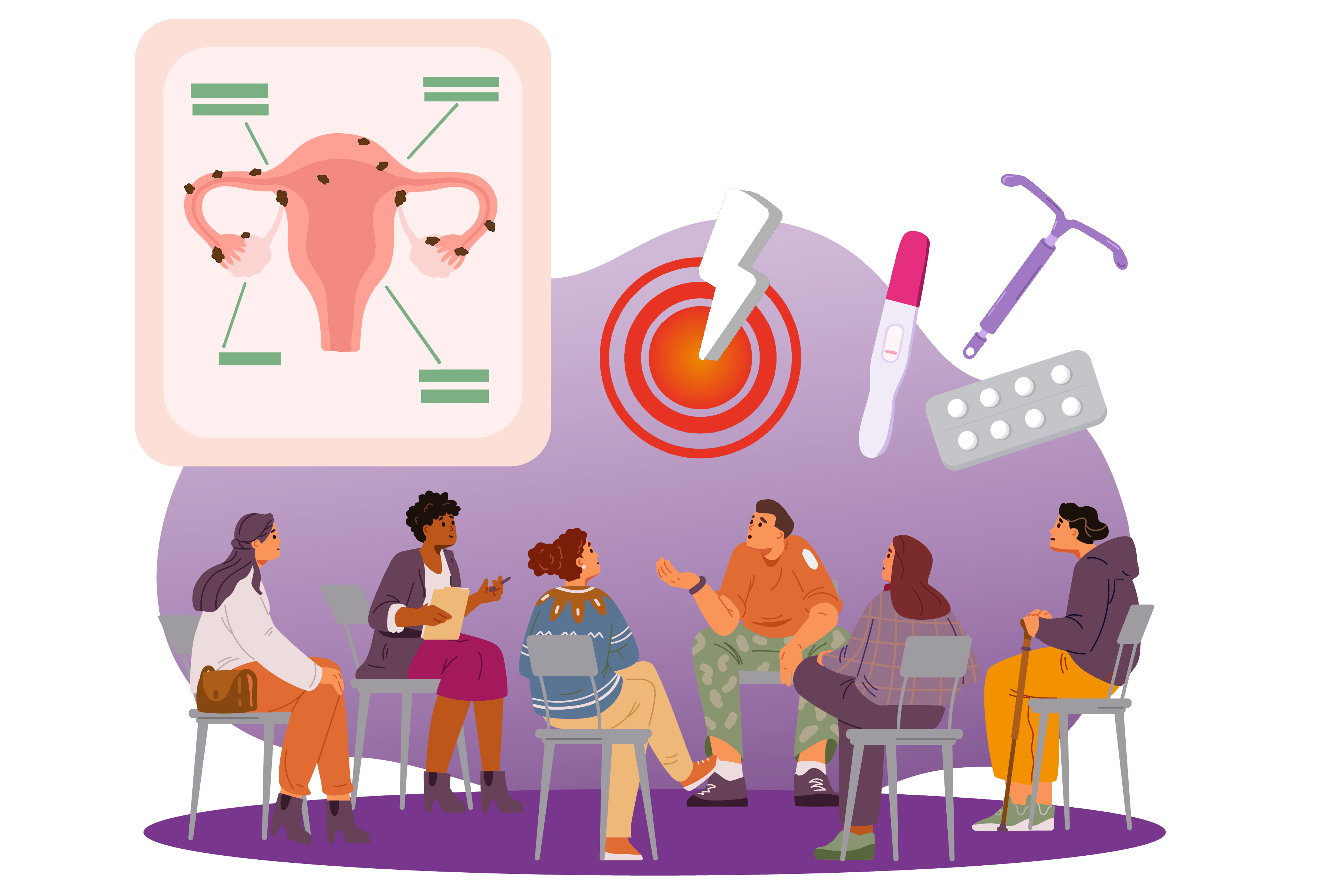 women group discussing graphics representing uterus pills and pregnancy test in the background