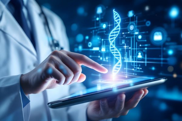 Person in a lab coat holding an ipad with a graphic of a DNA helix coming out of the ipad