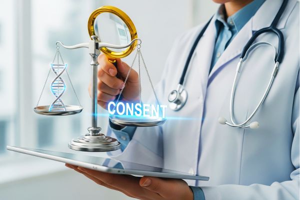 Person with a labcoat holding an ipad with  agraphic of a scale with 'consent' on one side and DNA helix on the other