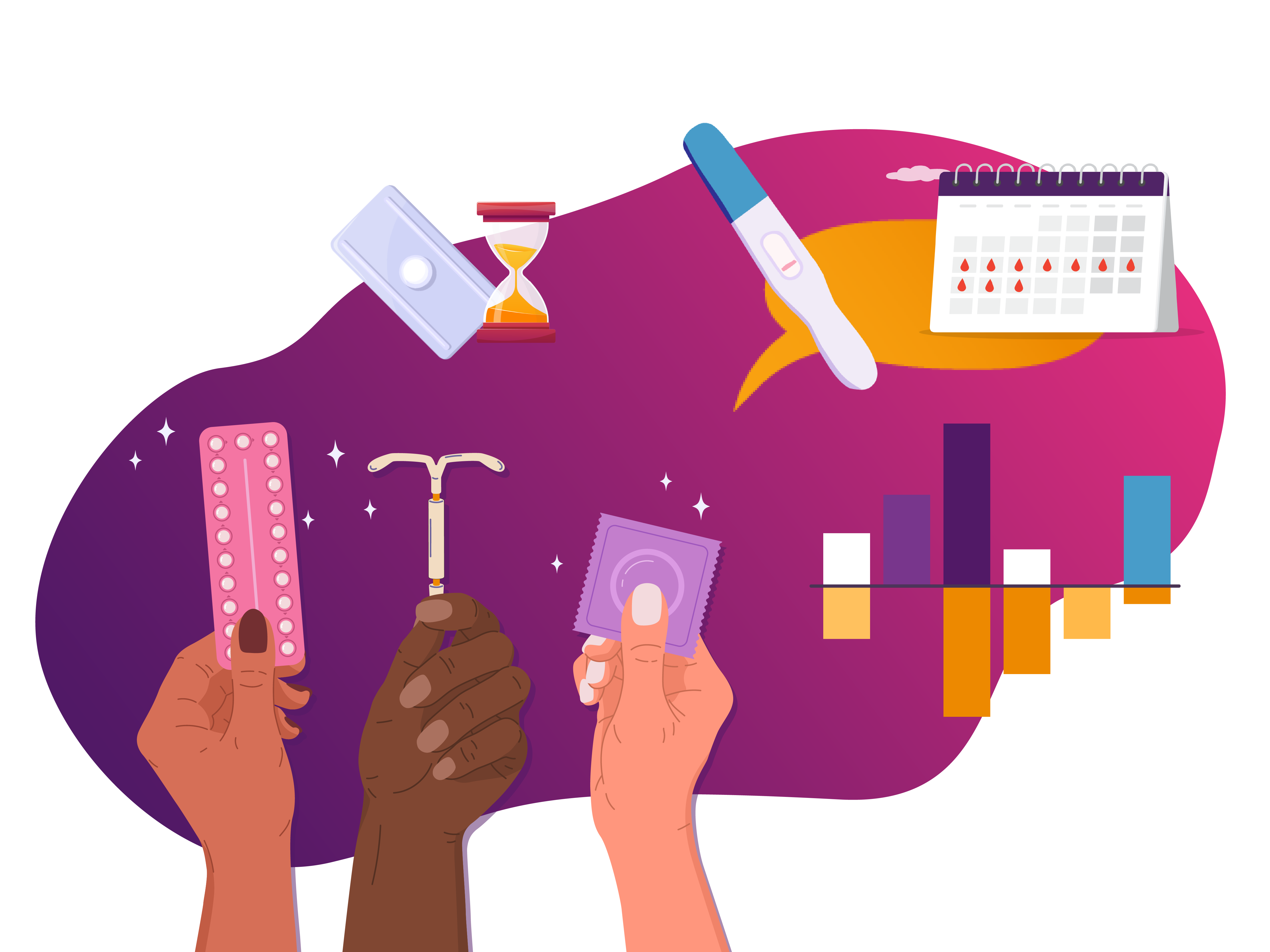 illustration showing 3 hands each holding pills, IUD and condom with graphics of calendar, pill and pregnancy test in the background