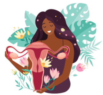 illustration of a young black woman holding a giant uterus, and surrounded by giant leaves