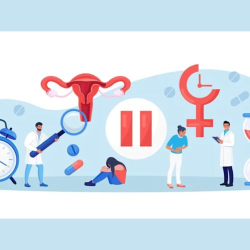 Medical illustration showing uterus, pills, doctors, and women with menopause symptoms.