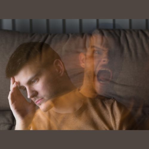 2 images of the same person superimposed on each other, one where the man is sad and another where he is screaming