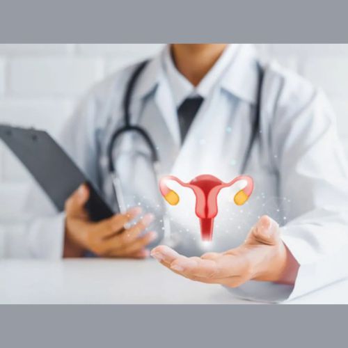 Doctor holding a digital illustration of a uterus and ovaries.