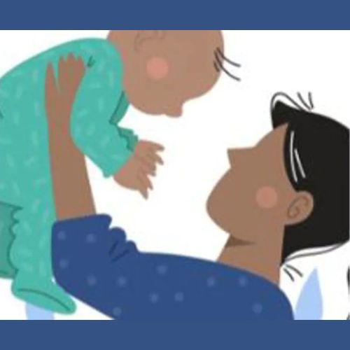 Illustration of a parent lifting and smiling at a baby in green pajamas.