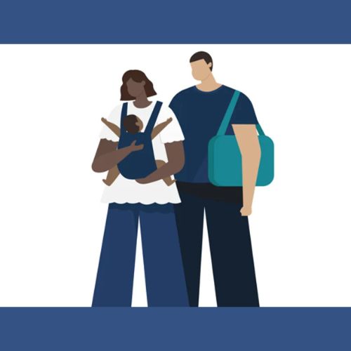 Illustration of a couple standing with a baby in a carrier and a diaper bag.