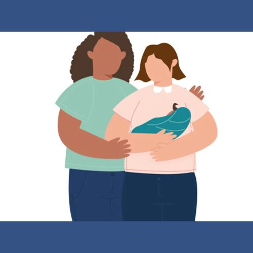 Illustration of two women, one holding a newborn, the other offering support.
