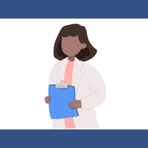 Illustration of a female doctor holding a clipboard, wearing a white coat.