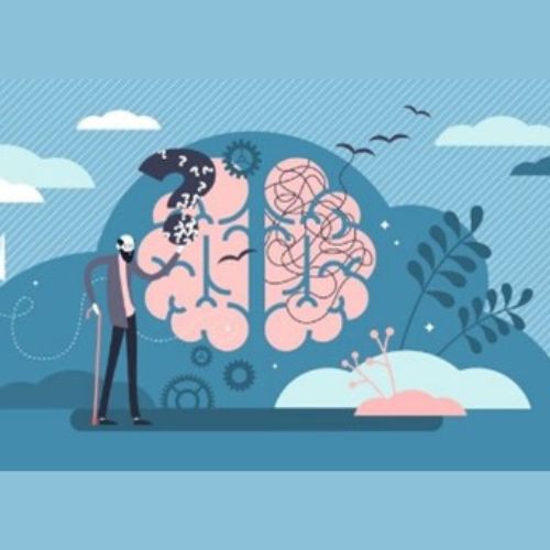 graphic of a brain with a person standing next to it