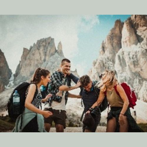 a family on holiday, hiking in the mountains