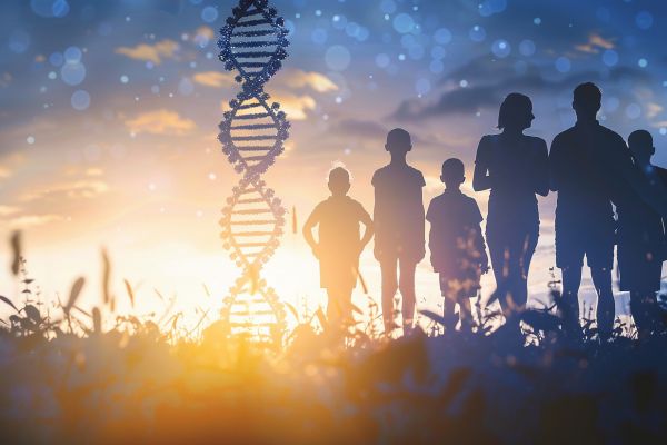 Silhouette of a family in a medow with a graphic of DNA helix next to them