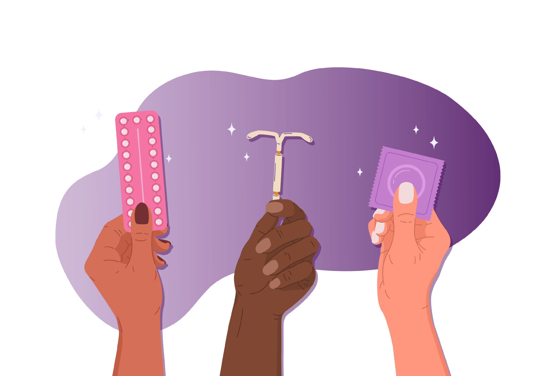 illustration showing 3 hands each holding pills, IUD and condom