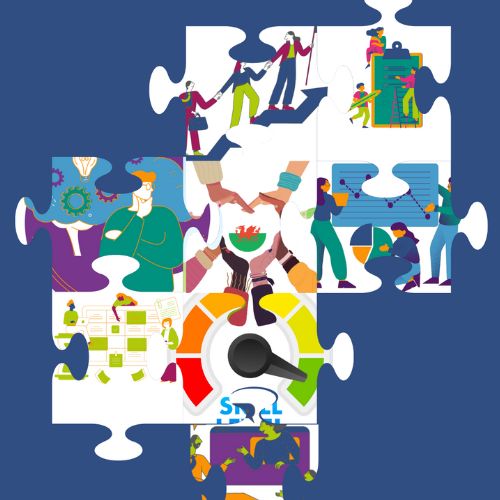 multiple graphics related to teamwork on a jigsaw puzzle pieces put together on a blue background