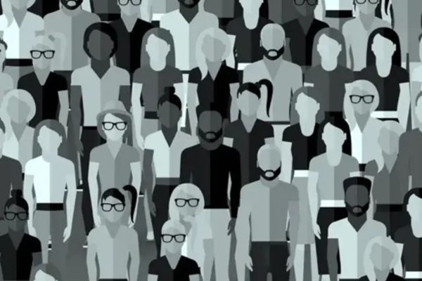 black and white graphic of people standing in rows