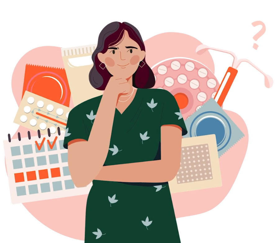 illustration of a women questioning herself with graphics of pills, calendar, condoms in the background