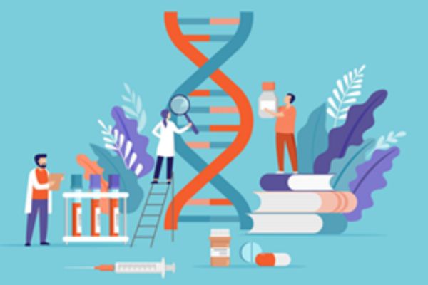 colourful graphic showing a DNA helix, books and test tubes and people standing around them