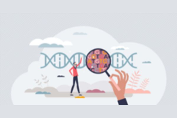 A person examines a DNA strand with a magnifying glass, highlighting the nucleotide sequence