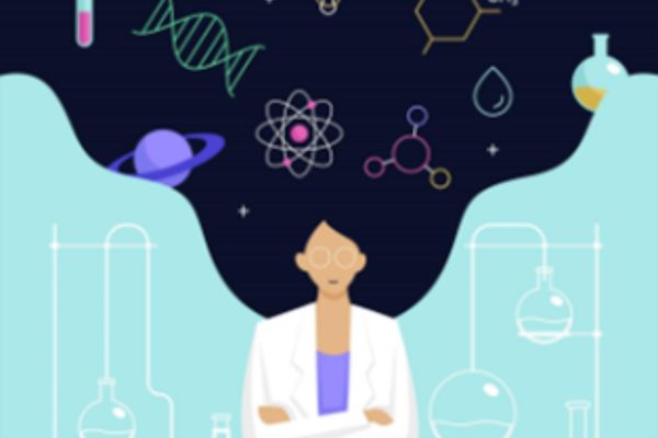 Scientist in a lab coat with science icons like DNA, molecules, and planets above