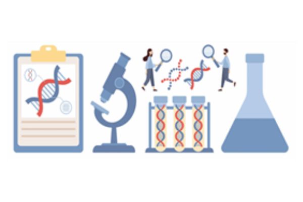 Illustration of lab tools like a microscope, DNA diagrams, test tubes, and flasks
