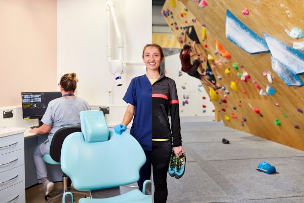 split image of dental staff in scrubs and rockclimbing gear, showing their work and hobby