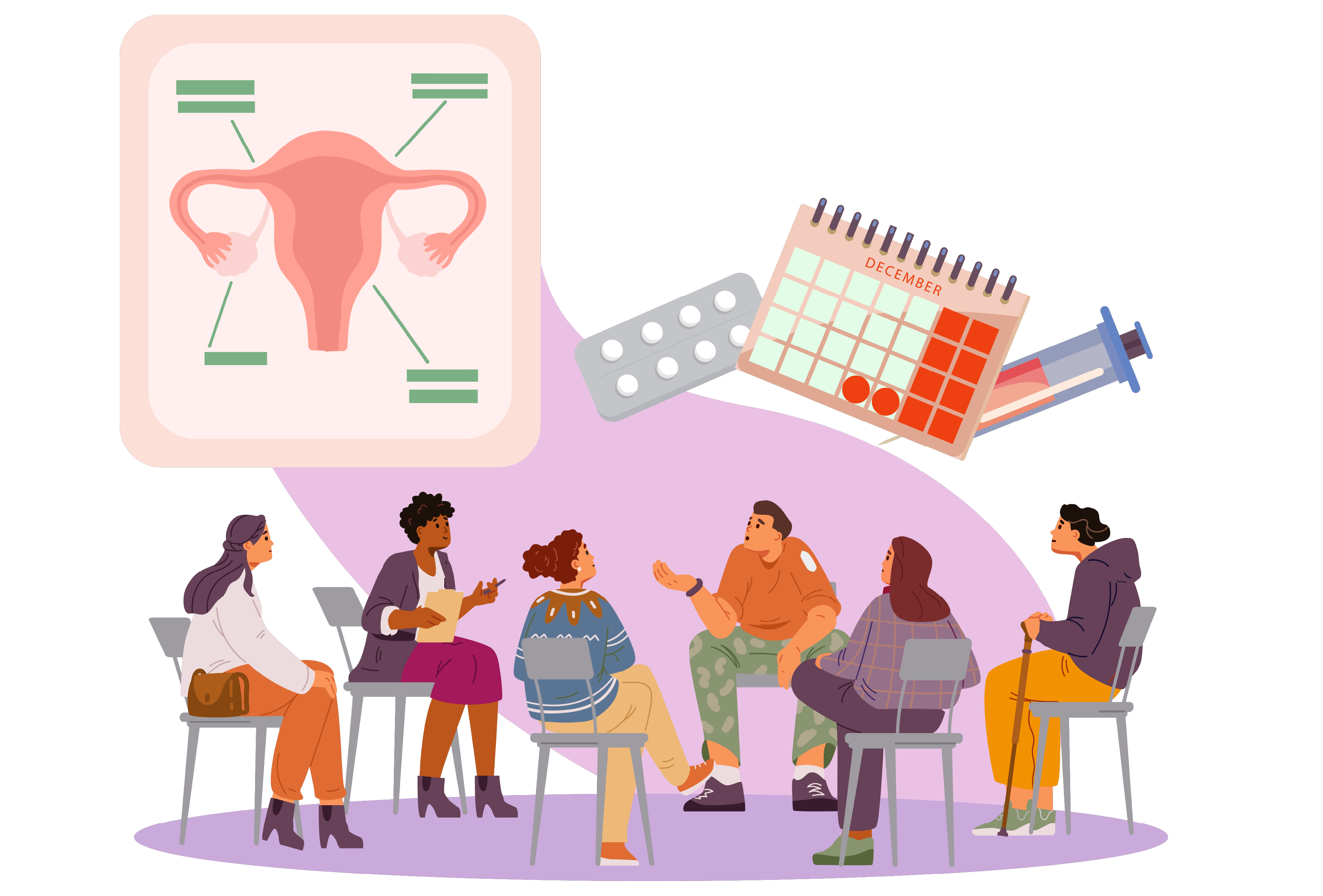 women group discussing graphics representing uterus pills and pregnancy test in the background