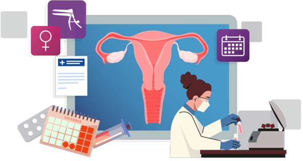 illustration reprensenting female scientist experimenting with a background of uterus, pills, syringe graphics