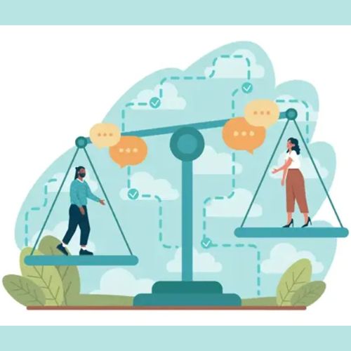 Illustration of a man and woman on opposite sides of a balance scale with speech bubbles