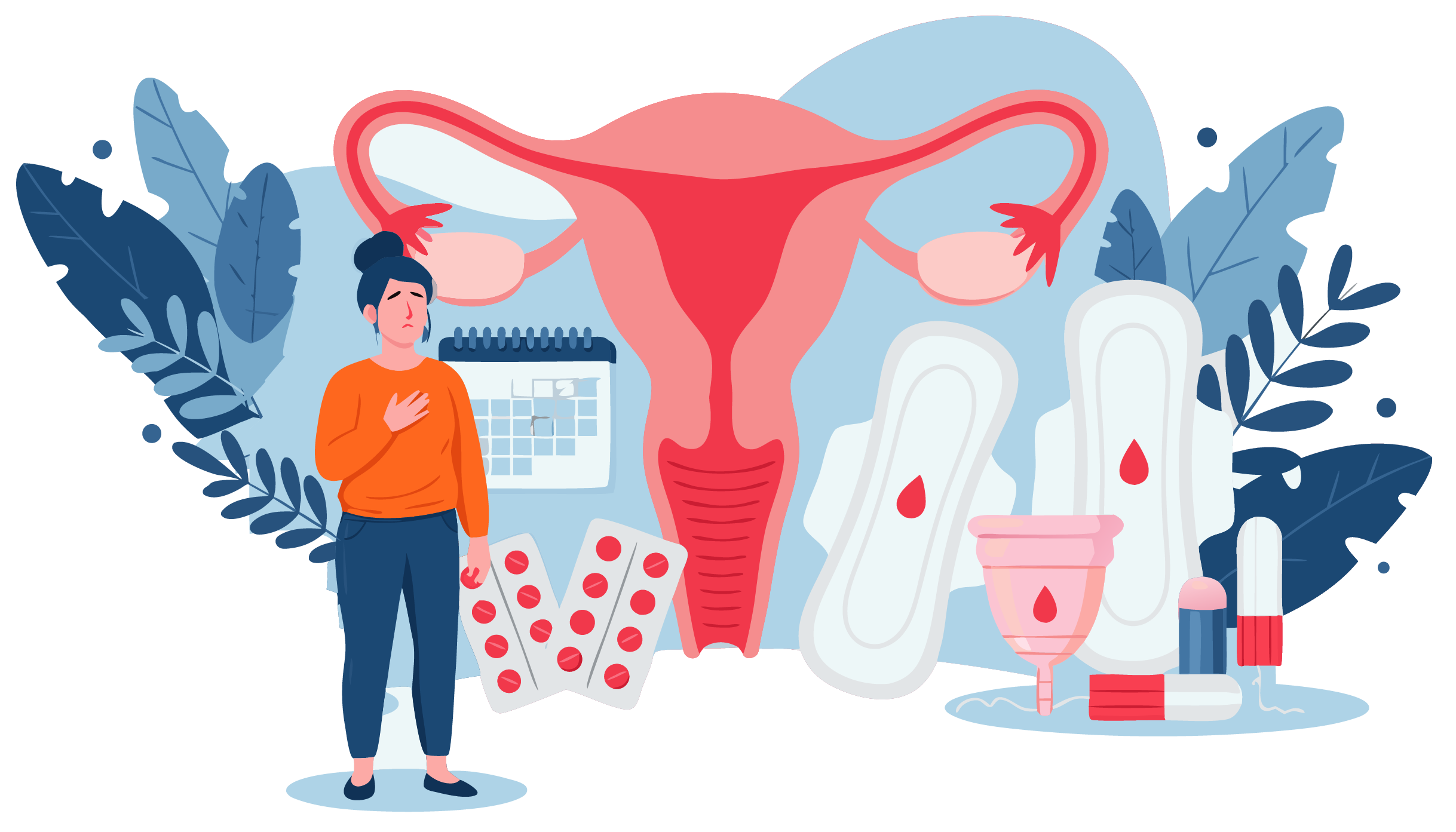 graphics reprensenting confused woman, uterus, menstrual equipments
