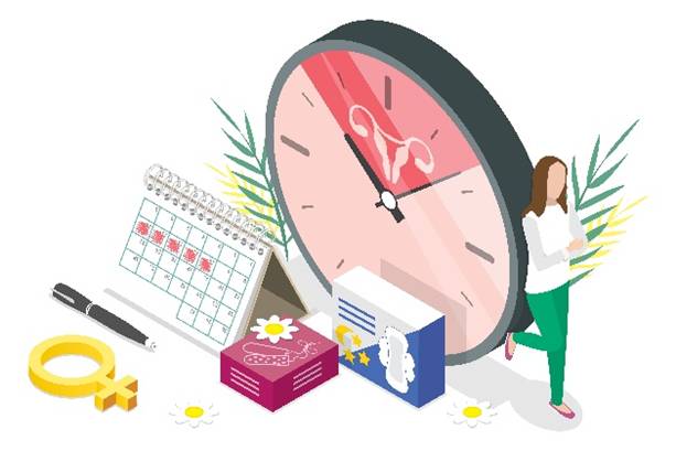 illustration of a woman leaning against a giant clock, calendar, tampons and pantyliner boxes