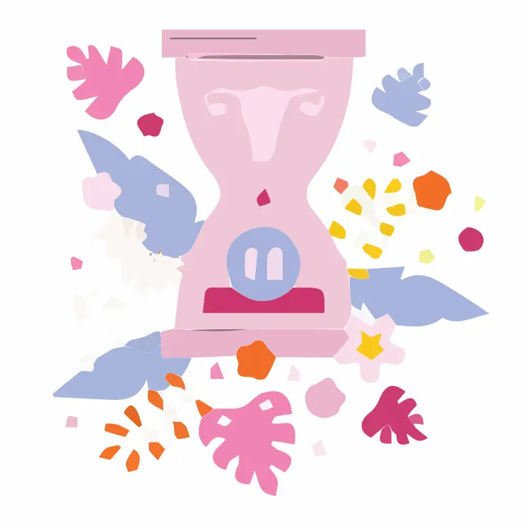 illustration of an hourglass surrounded by flowers and containing a uterus and blood drop