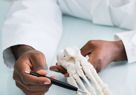 zoom to doctor's hand that is pointing a pen to a hand skeleton
