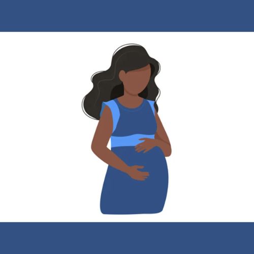 Illustration of a pregnant woman in a blue dress holding her belly.