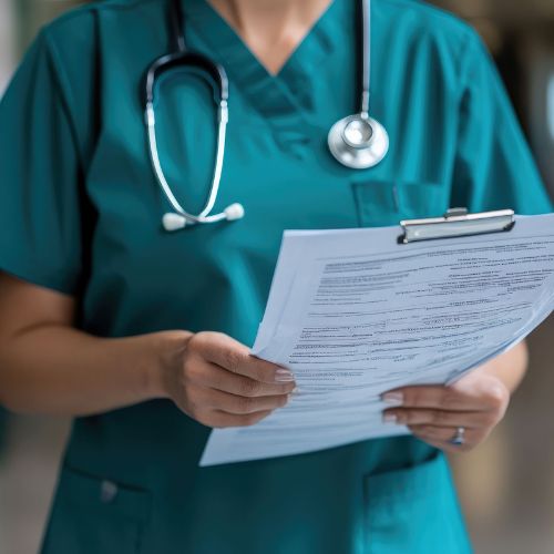 healthcare professional in a scrubs with a stethoscope around neck